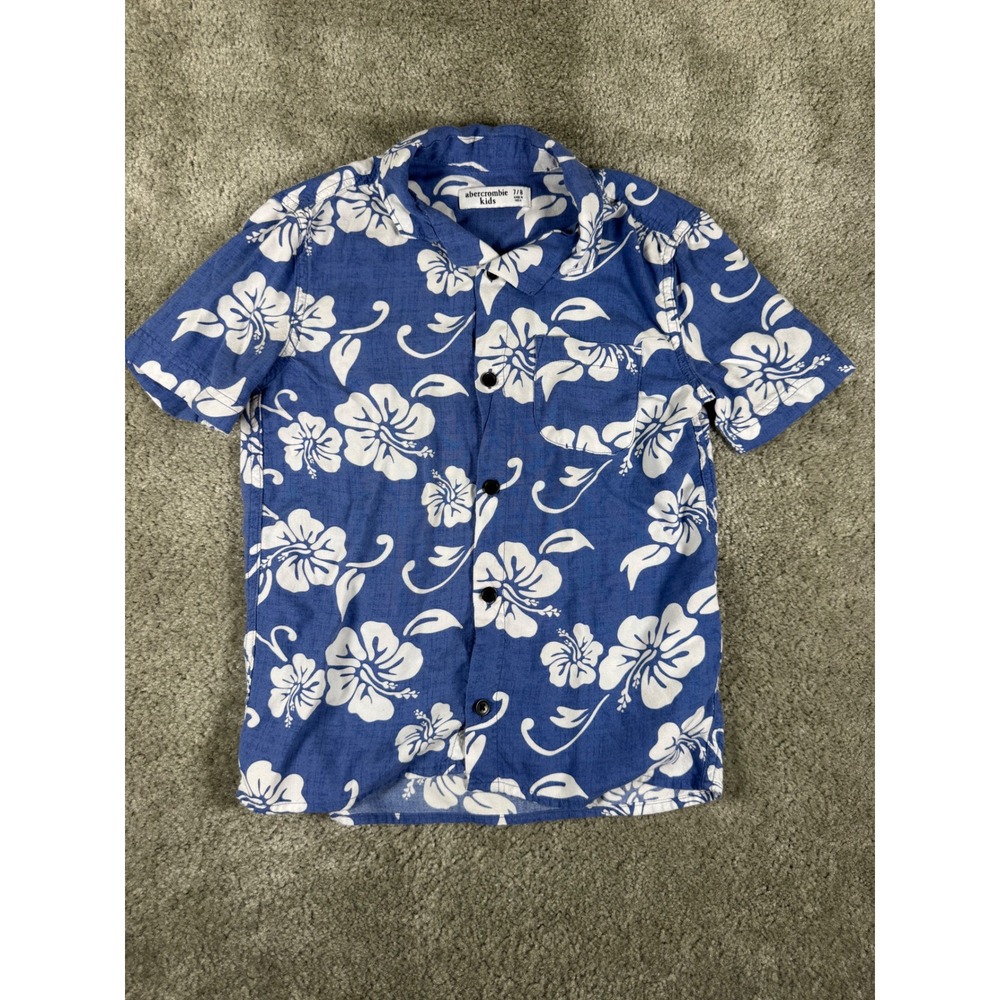 Abercrombie Kids Boys Blue Hibiscus Floral Tropical Viscose Shirt Size 7/8